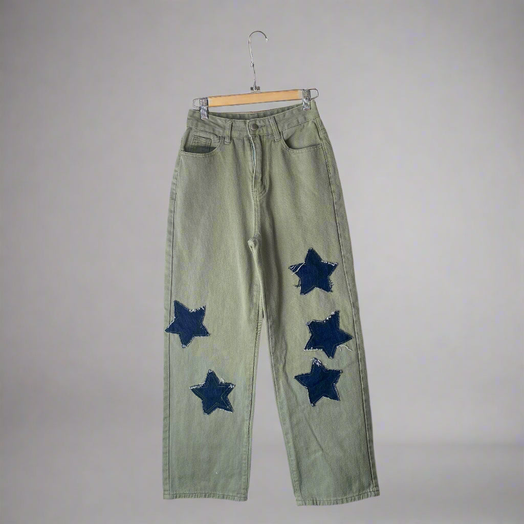 Upcycled Green Denim Jeans Stars