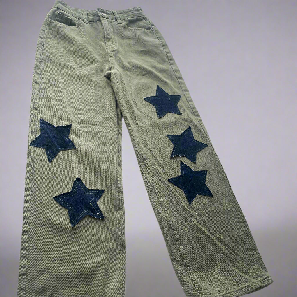 Upcycled Green Denim Jeans Stars