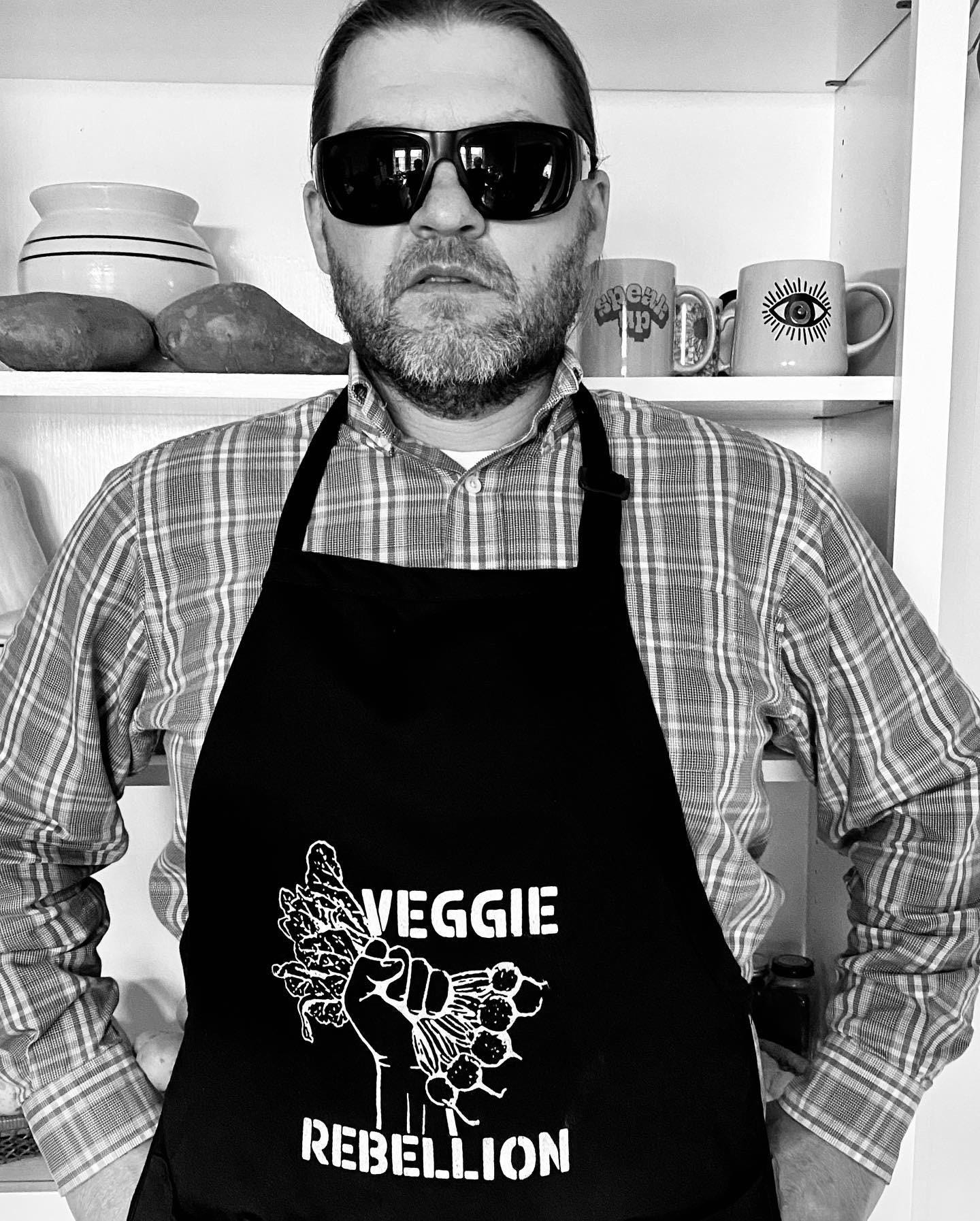 Black and White Screenprinted Veggie Rebellion Apron