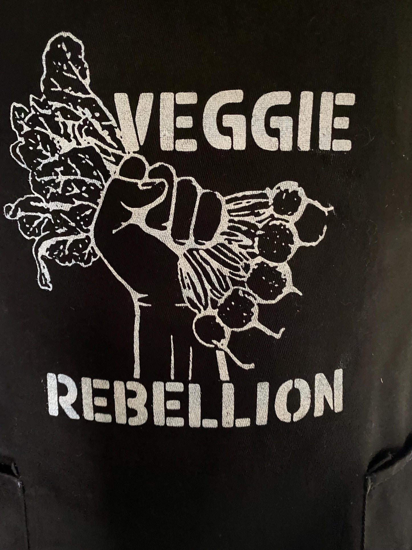 Black and White Screenprinted Veggie Rebellion Apron