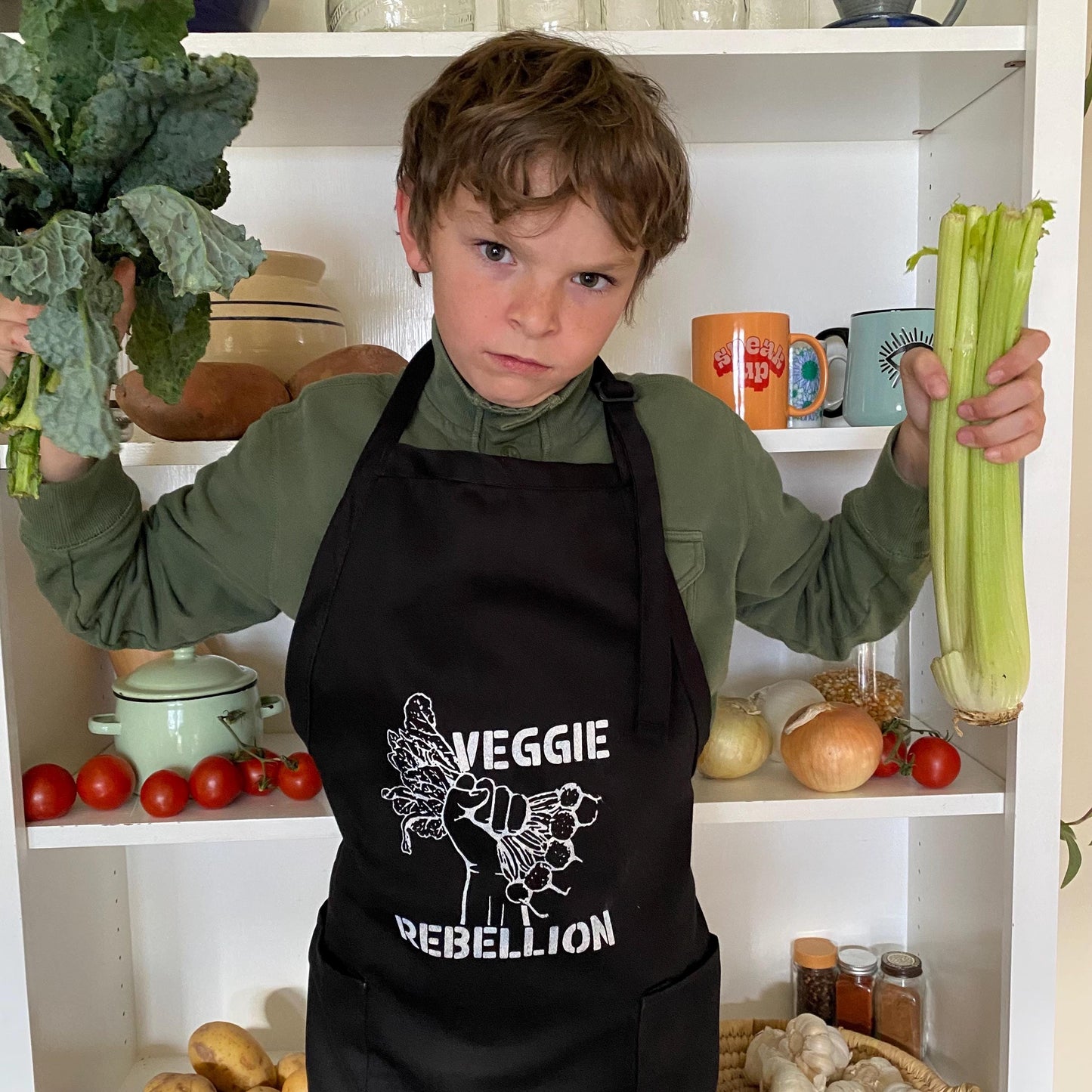 Black and White Screenprinted Veggie Rebellion Apron
