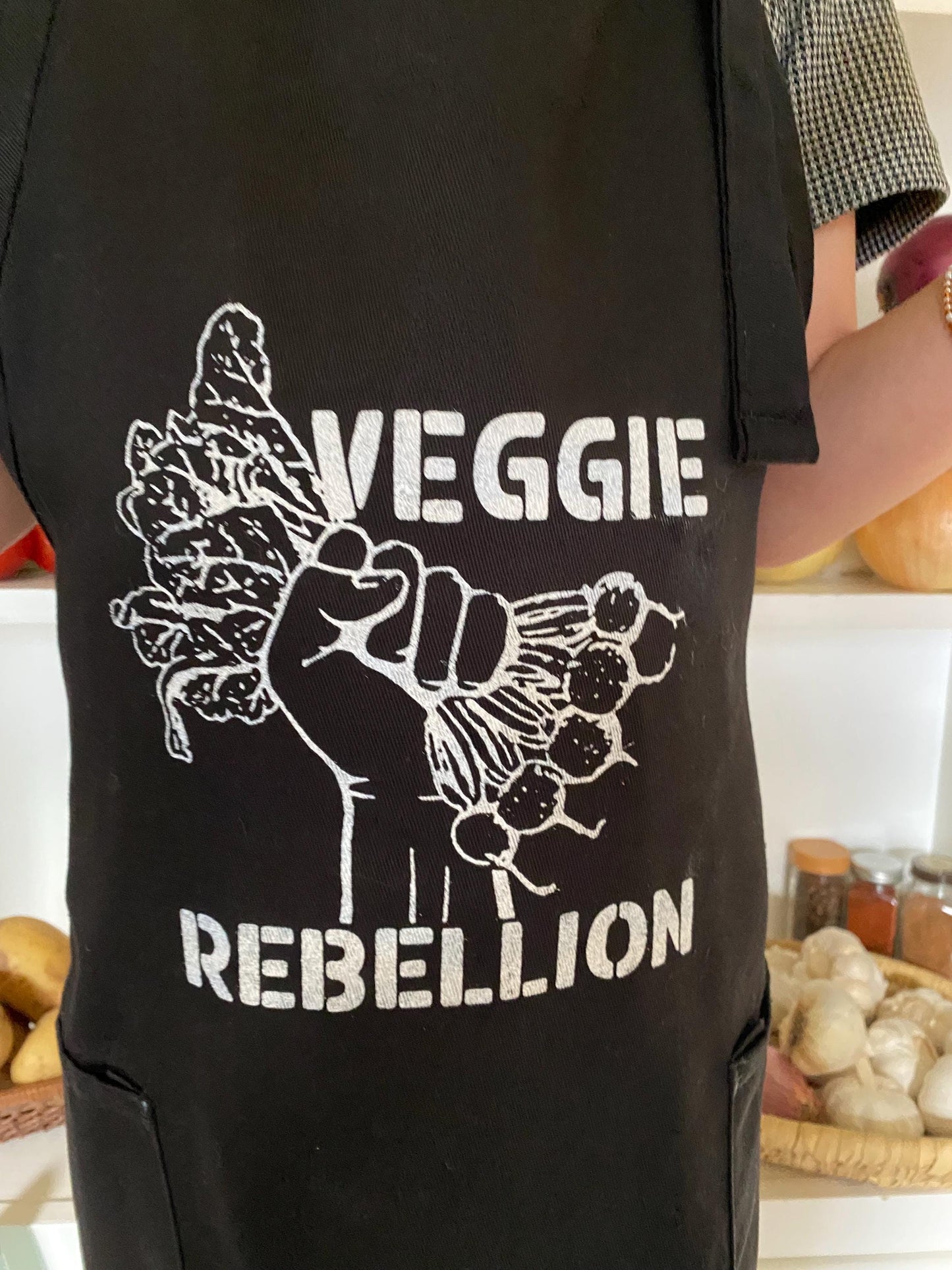Black and White Screenprinted Veggie Rebellion Apron