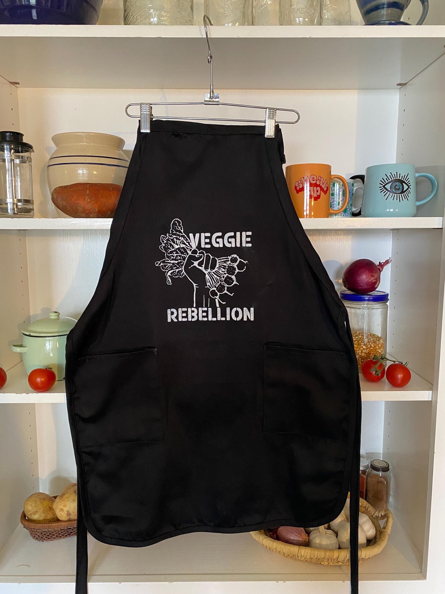 Black and White Screenprinted Veggie Rebellion Apron
