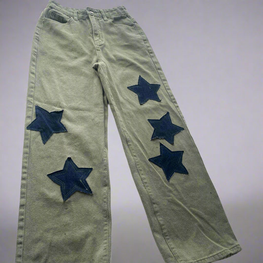 Upcycled Green Denim Jeans Stars